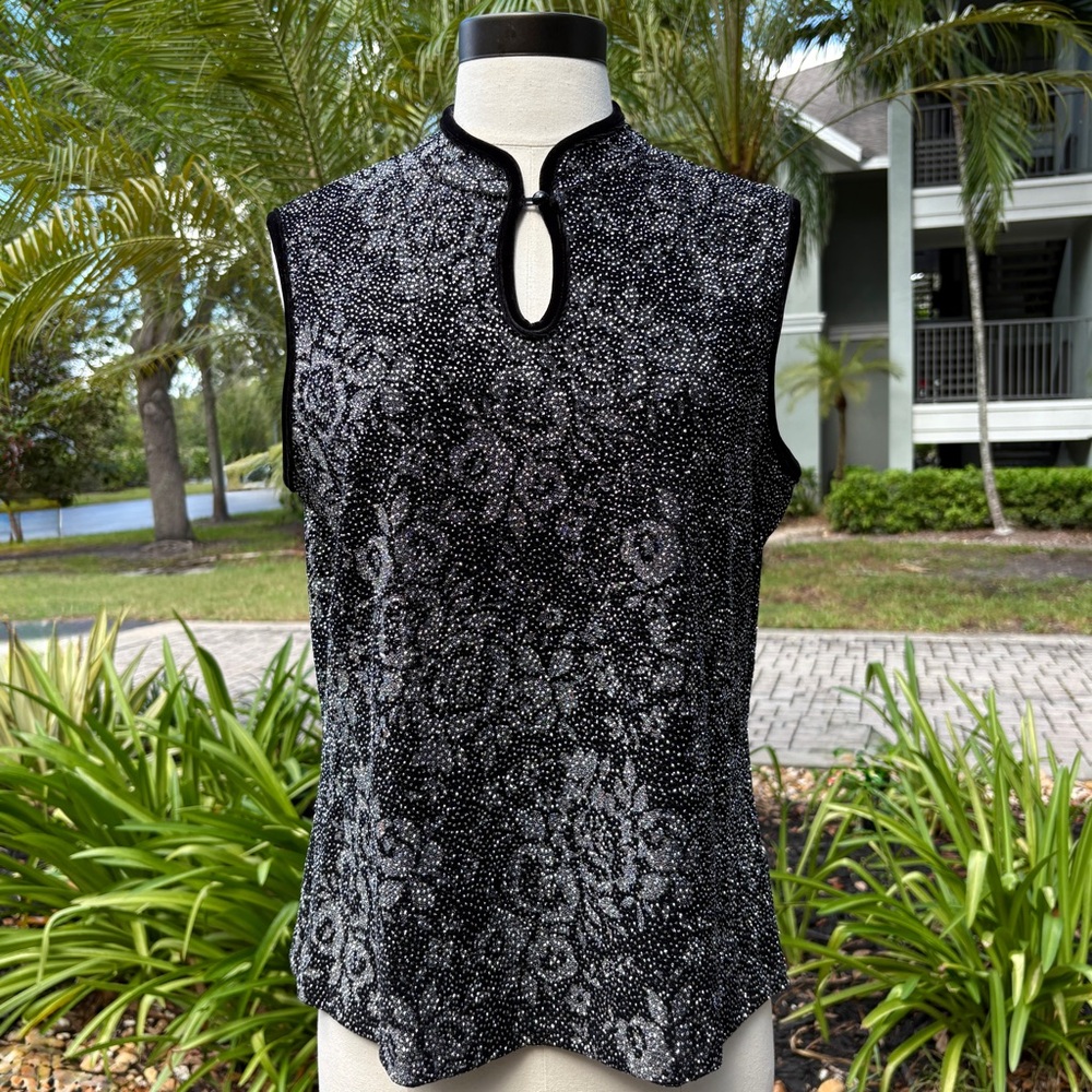 AGB Dress Vintage Black Velvet Glitter Blouse Size 14 Sleeveless Floral Y2K USA